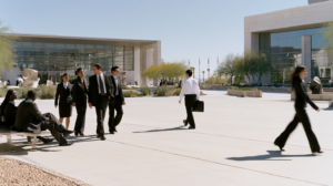 People outside a federal government building in Las Vegas representing naturalization and the immigration impact of DUI convictions in Nevada.