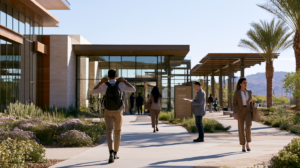 People arriving at a rehabilitation and education campus representing Nevada drug court eligibility and treatment opportunities.