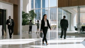 Professionals beginning their workday in a Las Vegas office building representing new employment opportunities after deferred sentencing.