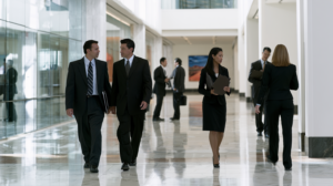 Criminal defense attorney and legal professionals outside a courtroom discussing felony plea negotiations in Las Vegas.
