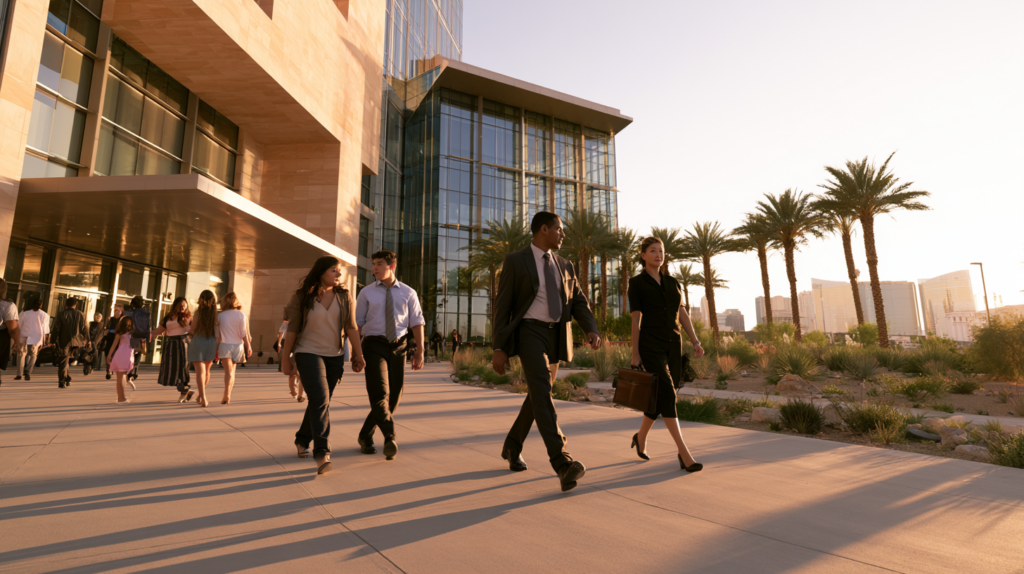 Family meeting with a criminal defense attorney outside a Las Vegas courthouse regarding a Nevada juvenile certification hearing.