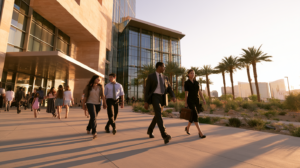 Family meeting with a criminal defense attorney outside a Las Vegas courthouse regarding a Nevada juvenile certification hearing.