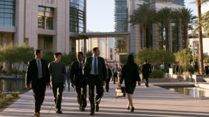 Family and defense attorney walking between civic buildings representing juvenile certification to adult court in Nevada.
