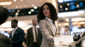 Woman at a Nevada sportsbook counter during a sports betting transaction involving cash and wagering activity.