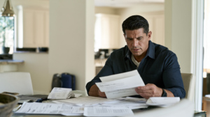 Man reviewing casino statements and financial records related to an unpaid casino marker in Nevada.