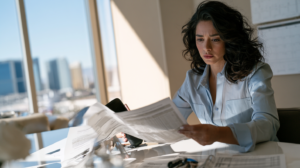 Woman reviewing court documents and legal paperwork related to resolving a bench warrant in Las Vegas.