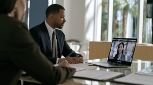 Nevada defense attorneys discussing a bench warrant case during a remote legal consultation with a client.