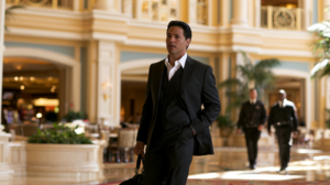 Man walking through a Las Vegas casino while security personnel monitor the property after a casino ban.