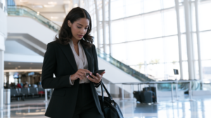 Woman checking her phone while traveling after dealing with financial and legal concerns involving a Nevada casino marker.