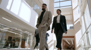 Attorneys walking through a courthouse while discussing where a Las Vegas criminal case will be handled.