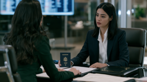 Attorney reviewing a U.S. passport and travel documents with a client concerned about traveling with a criminal record.