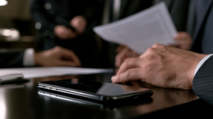 Criminal defense attorney reviewing a smartphone during a legal consultation about Nevada phone search laws and Fourth Amendment rights.