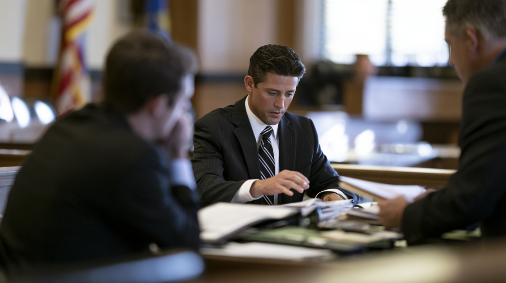 Defense lawyer reviewing evidence in court for a Nevada case involving smartphone searches, passcodes, and digital privacy rights.