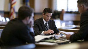 Defense lawyer reviewing evidence in court for a Nevada case involving smartphone searches, passcodes, and digital privacy rights.