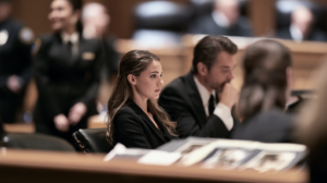 Woman seated with her attorney in a Nevada courtroom during proceedings involving the alleged sharing of an AI-generated intimate image.