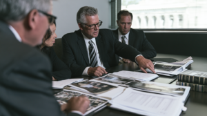 Nevada criminal defense attorneys reviewing photographs, reports, and evidence in a retail theft and property damage case.
