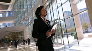 Mother standing inside a modern Las Vegas courthouse while seeking legal guidance to protect her child's future in the Nevada juvenile justice system.