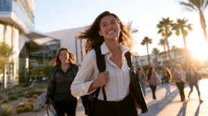 Young woman and her mother walking across a Las Vegas college campus after successfully moving forward from the juvenile justice system.