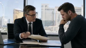 Criminal defense attorney reviewing a battery case with a client in a Las Vegas law office