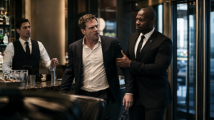 Security officer escorting a man from an upscale Las Vegas bar after an altercation