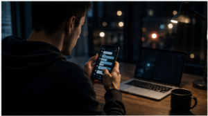 Man reviewing text messages on his phone during a Nevada cyberstalking investigation