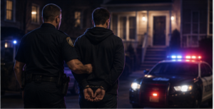 Police officer arresting a man outside a home during a Nevada stalking investigation
