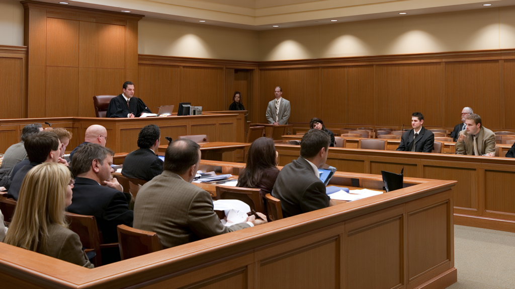 Nevada courtroom during jury deliberations as the judge and attorneys await a verdict in a criminal case.