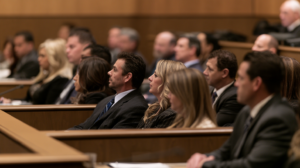 People seated in a Nevada courtroom during a criminal trial, representing the choice between a judge and a jury.