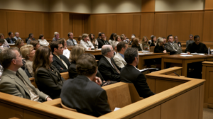 Prospective jurors seated in a Clark County courtroom during jury selection for a Nevada criminal trial.