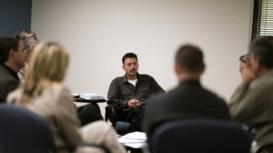 Man participating in a counseling or support session representing rehabilitation and personal progress that may be presented during sentencing.
