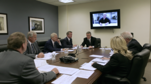 Nevada parole board reviewing documents during a parole hearing conducted by video conference with an incarcerated person.