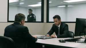 Investigator reviewing photographs during a police interview related to eyewitness identification in Nevada.