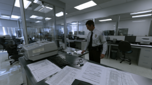 Law enforcement professional reviewing evidence records and documentation that a defense attorney may examine for suppression issues.