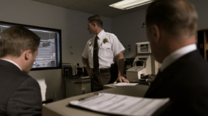 Law enforcement personnel reviewing DUI paperwork and breath-testing records at a Las Vegas processing facility.