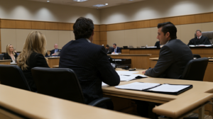 Nevada attorneys reviewing a criminal case involving prostitution or solicitation charges during a court proceeding.