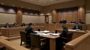Nevada courtroom during a criminal sentencing proceeding involving attorneys, court officials, and a judge reviewing case documents.