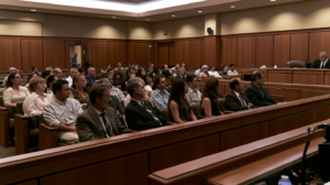 Prospective jurors seated in a Nevada courtroom during jury selection for a criminal trial.