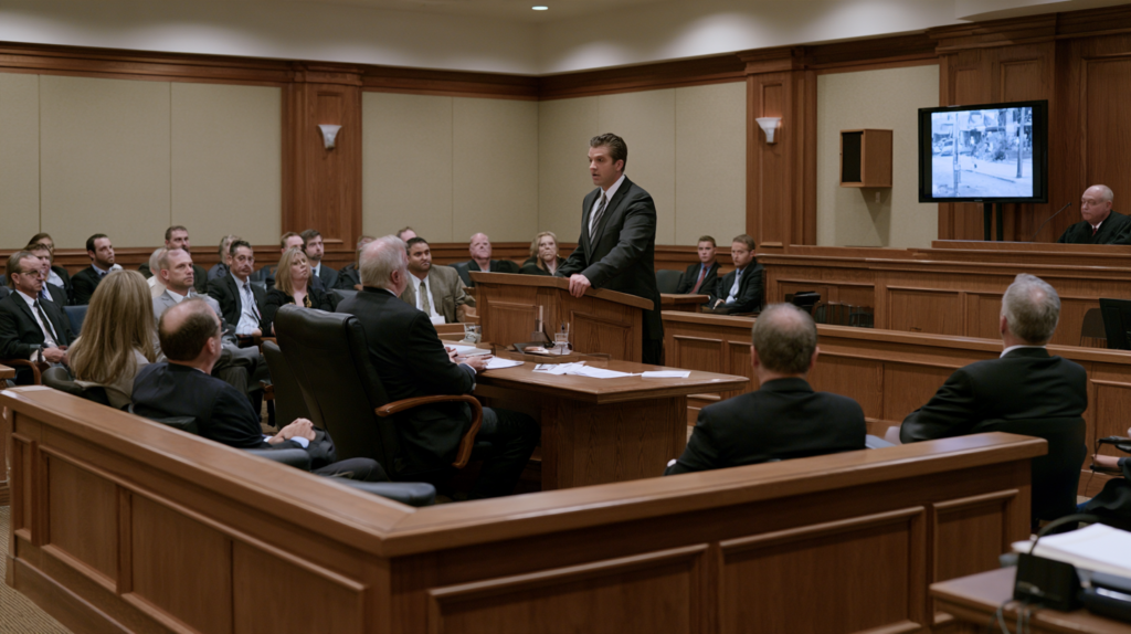Attorney questioning a witness during a Nevada criminal trial while the judge and jury observe the testimony.