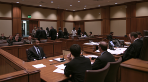 Nevada courtroom after jury deliberations, representing a criminal trial that may end without a unanimous verdict.