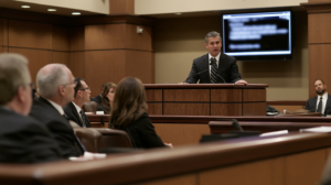 Attorney addressing the court during a Nevada criminal trial as jurors consider evidence and testimony.