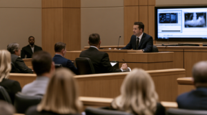 Forensic analyst testifying in a Nevada courtroom about laboratory evidence and testing during a criminal case.