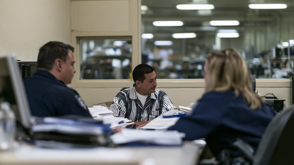 Nevada correctional staff reviewing documents with an incarcerated person to determine classification and prison placement.