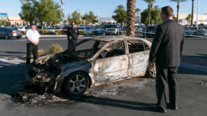 Investigators examining a burned vehicle during a Nevada fire investigation involving possible arson.