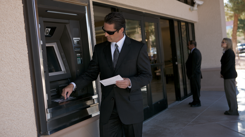 Man using an ATM while holding a financial document, representing transactions that may be examined in a Nevada forgery investigation.