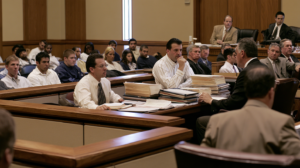 Attorneys reviewing extensive case files in a Nevada courtroom while preparing for criminal trial proceedings.