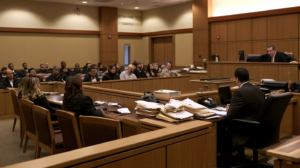 Clark County courtroom during a criminal trial with the judge, attorneys, and prospective jurors reviewing the case.