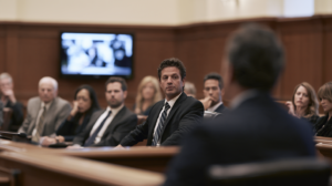 Person listening to courtroom testimony during a Nevada criminal trial as attorneys and jurors evaluate the evidence.