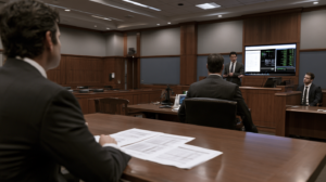 Attorney presenting evidence in a courtroom during a Nevada criminal case heard before a judge.