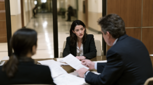 Nevada attorney discussing sentencing documents and mitigation factors with a client before a criminal sentencing hearing.