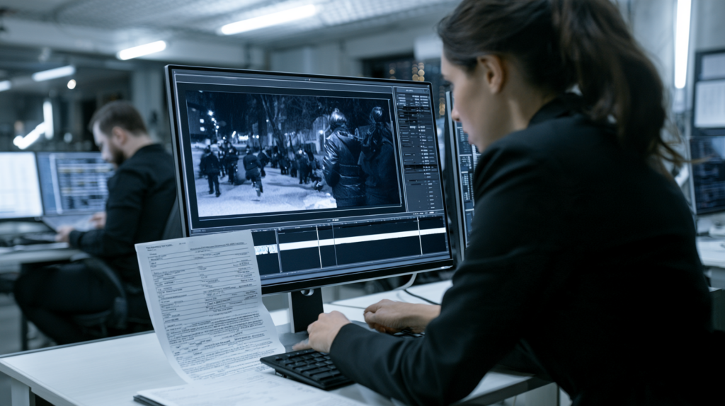 Legal professional reviewing surveillance footage and investigative records connected to a Nevada search warrant.